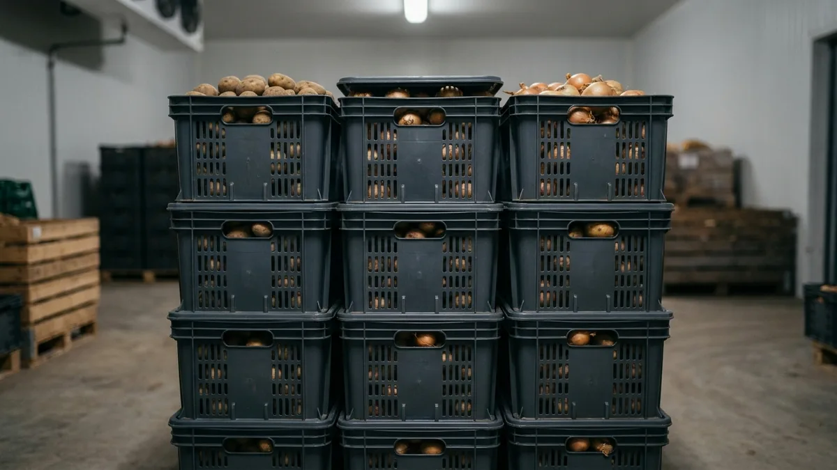 Folding Vented Plastic Crate in use