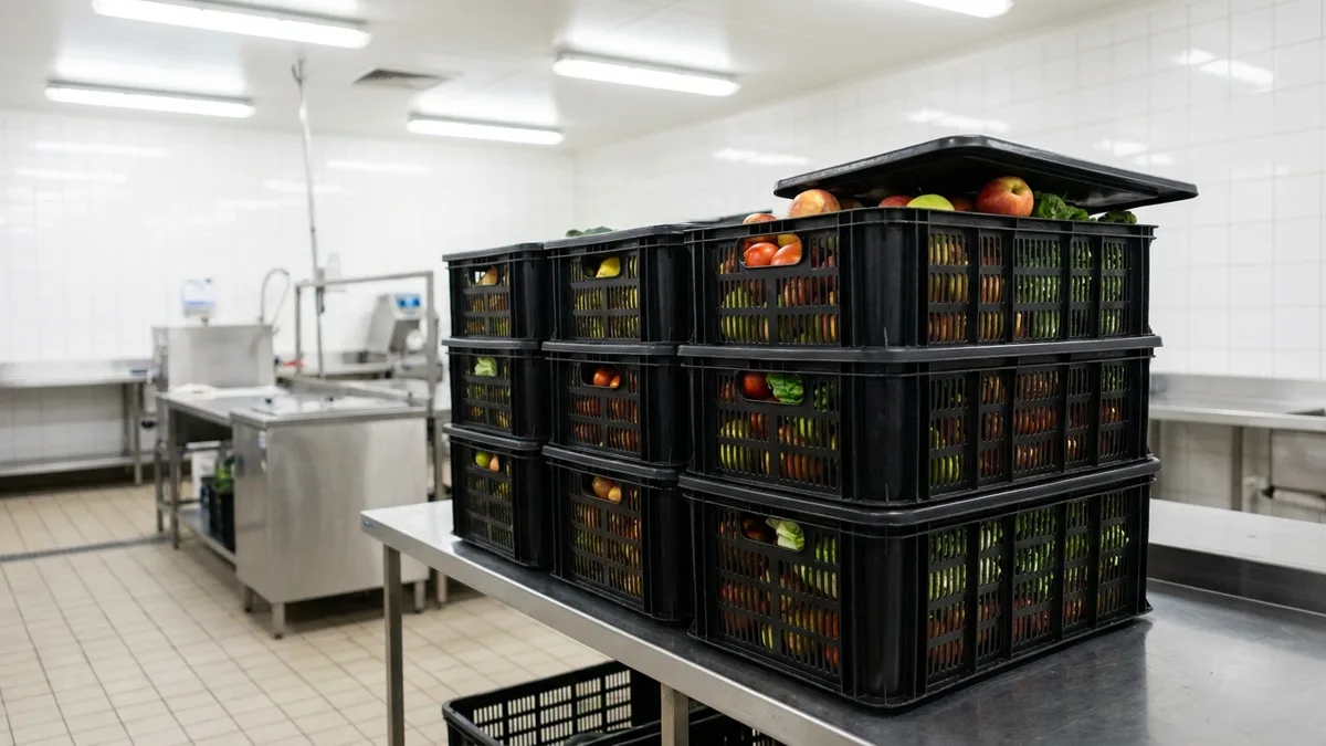 Lid for Plastic Crate in use — A South-East Queensland third-party logistics operator running non-standard bulk containers