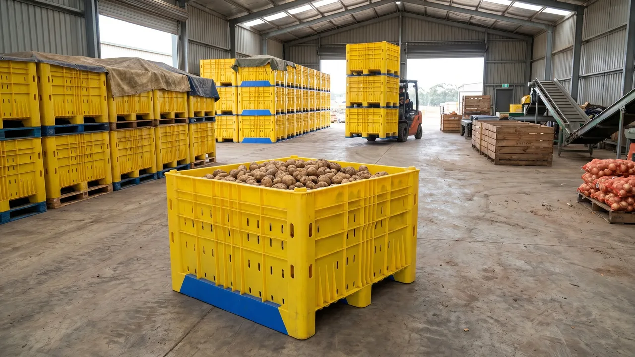 Giant Vented Plastic Pallet Box in use
