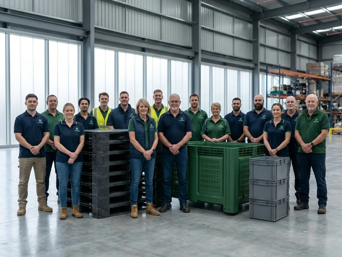 The BulkPlasticBins team in an Australian warehouse with plastic pallets, a vented bulk bin and stackable crates