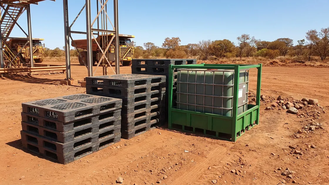 Heavy-duty plastic pallets and a bunded IBC on a red-dirt mine-site loading area