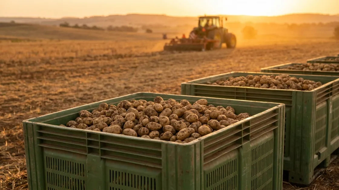 Vented green plastic bulk bins full of potatoes in a paddock at harvest